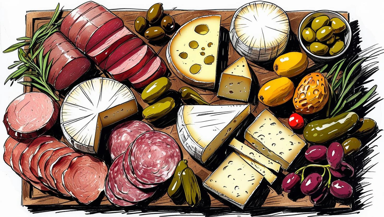 image sketch of the 3-3-3-3 rule for charcuterie board