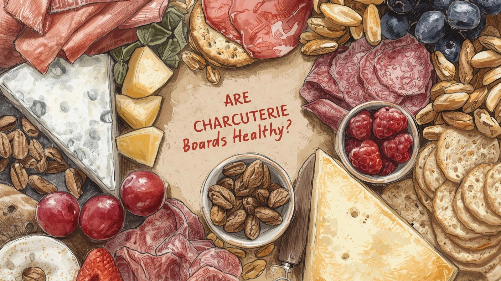 Are Charcuterie Boards Healthy text on a charcuterie board with cheese, fruit, vegetables, nuts, and lean meats, balanced grazing platter, healthy charcuterie board ideas for nutrition and portion control
