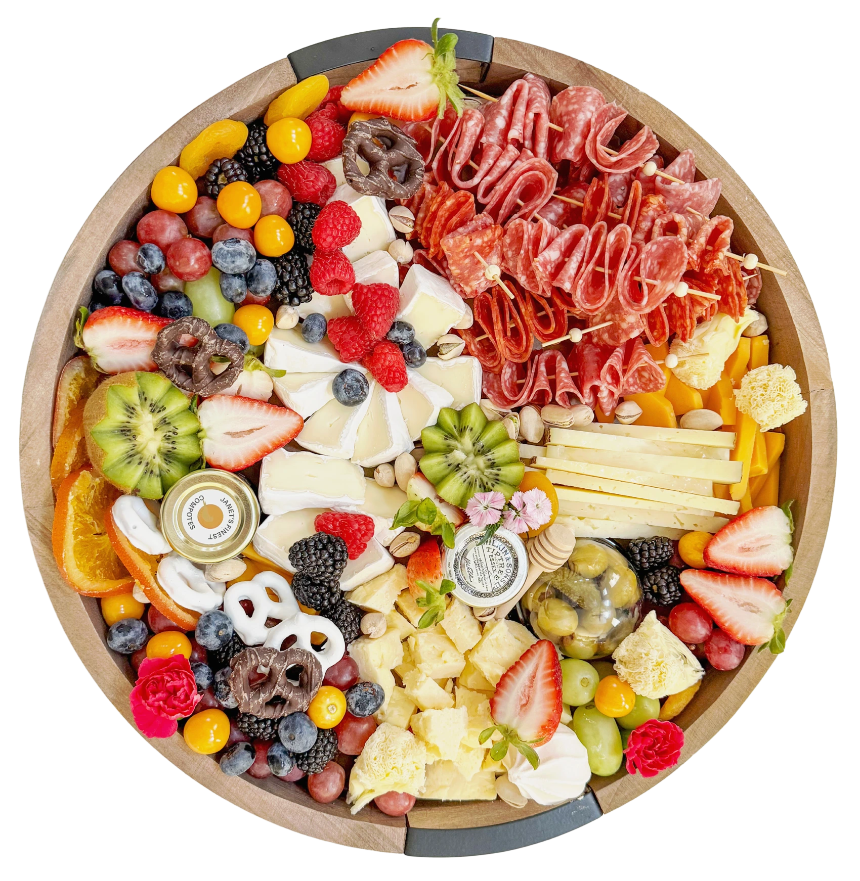 Gourmet charcuterie board with brie cheddar manchego salami prosciutto ciabatta olives cornichons strawberries grapes blackberries honey compote dried orange slices and licorice  ideal for charcuterie delivery near me custom charcuterie boards in Orange County and luxury meat and cheese boards in cities like Irvine Laguna Beach Newport Beach Dana Point Mission Viejo Rancho Santa Margarita Ladera Ranch Lake Forest San Clemente Coto de Caza Aliso Viejo Trabuco Canyon and beyond