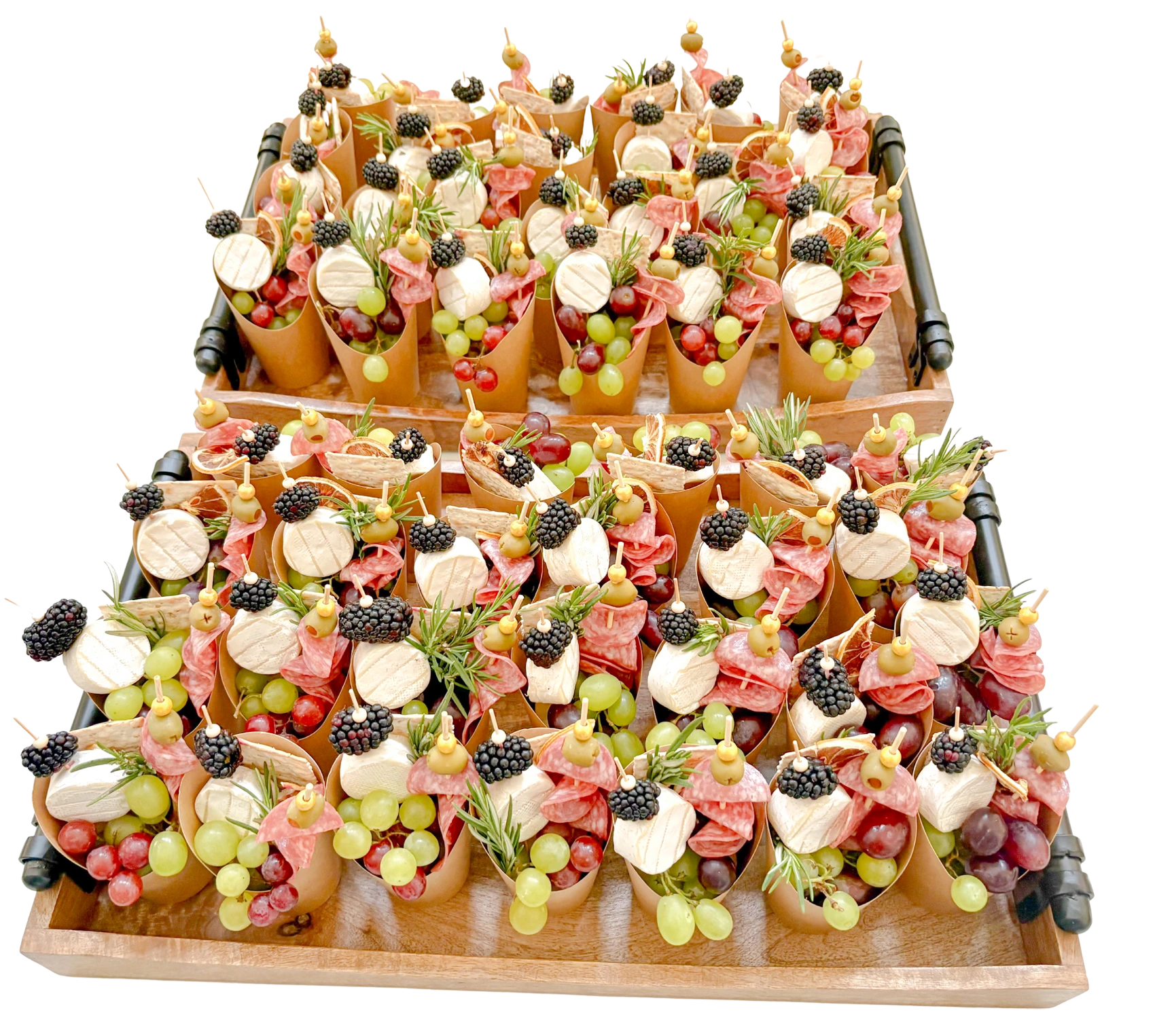 Individual charcuterie cups by Fork and Flare in Orange County featuring brie grapes cured meats blackberries and crackers  perfect for events open houses broker opens corporate functions and social gatherings