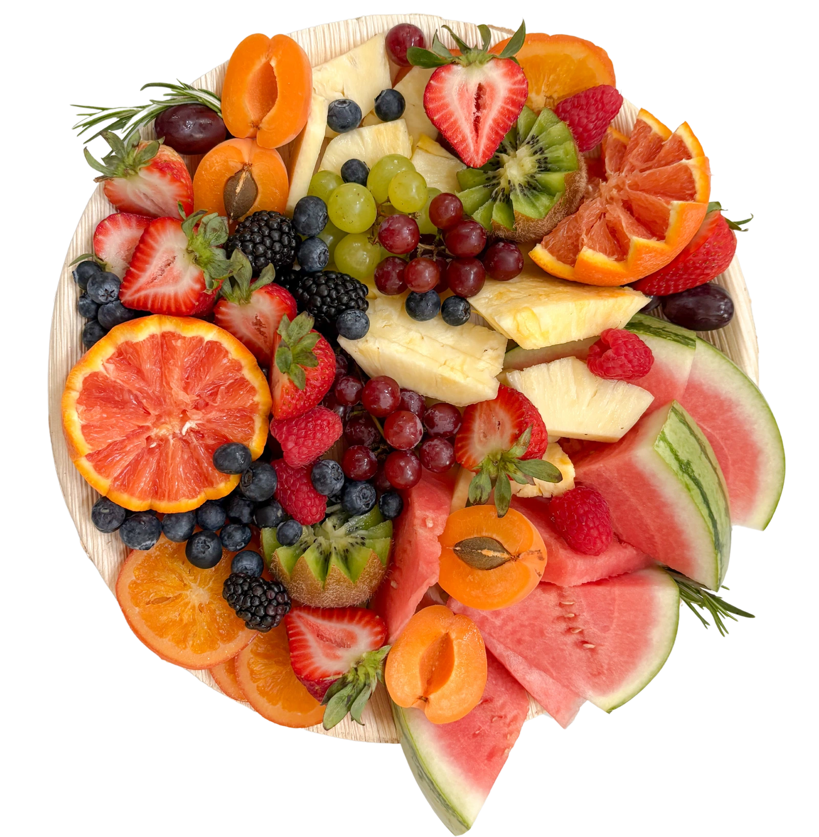 12 inch fruit plate by Fork and Flare in Orange County featuring strawberries kiwi grapes watermelon pineapple oranges blackberries blueberries and raspberries perfect for 2 to 4 guests